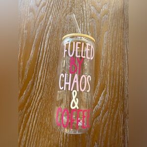 Clear Tumbler with Pink & Fuchsia 'Fueled by Chaos & Coffee'